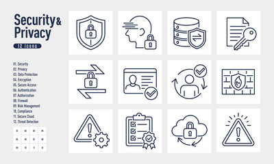 Security and Privacy Line Icons Set of 12
