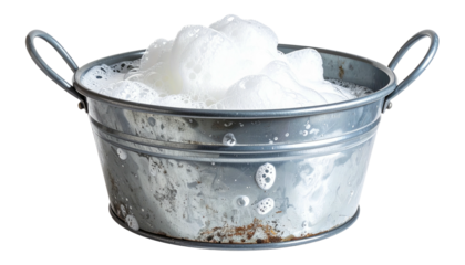 A weathered metal tub overflowing with frothy white bubbles against a transparent background