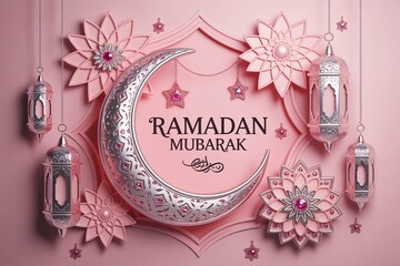 Elegant pink ramadan mubarak greeting card design with crescent moon flowers lanterns and stars on a soft background