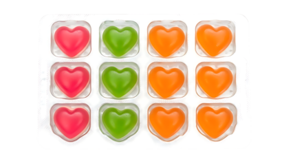 Twelve heart-shaped candies in clear containers