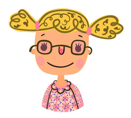 Hand painted cartoon vector girl with blond hair, cute child face portrait for kids school designs, activities and education topics
