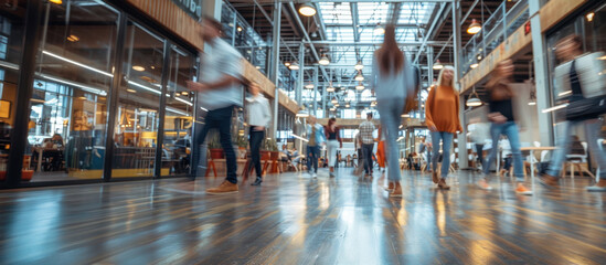 Dynamic Urban Hub: Capturing the bustle of a modern public space, with blurred motion of many people, evoking the energy of city life. 