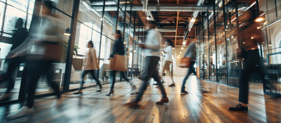 Dynamic Movement: Blurry people walking in a modern office space, capturing the fast-paced energy of a modern workspace. 