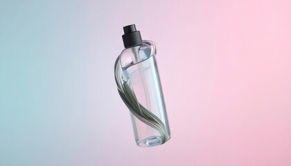 Clear Perfume Bottle with Swirling Gray Ribbon Inside Against Gradient Background.