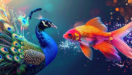 Majestic Peacock Meets Vibrant Goldfish in Underwater Fantasy.