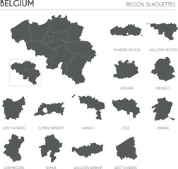 Fototapeta premium Belgium region silhouettes set and blank map of the country isolated on white background. Vector illustration design