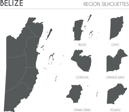 Belize region silhouettes set and blank map of the country isolated on white background. Vector illustration design