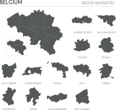 Belgium region silhouettes set and blank map of the country isolated on white background. Vector illustration design