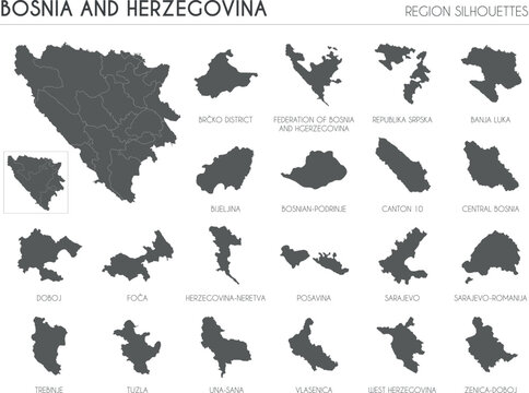 Bosnia and Herzegovina region silhouettes set and blank map of the country isolated on white background. Vector illustration design
