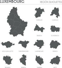Luxembourg region silhouettes set and blank map of the country isolated on white background. Vector illustration design