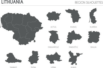 Lithuania region silhouettes set and blank map of the country isolated on white background. Vector illustration design