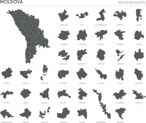 Moldova region silhouettes set and blank map of the country isolated on white background. Vector illustration design