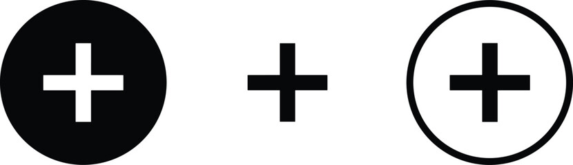 Obraz premium Vector set of medical plus cross icons in solid black circle outline and simple flat style for health.