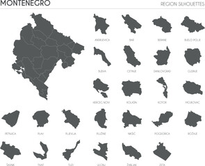 Montenegro region silhouettes set and blank map of the country isolated on white background. Vector illustration design