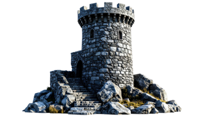 A weathered stone tower on a rocky outcrop, with steps leading up to the entrance