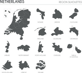 Netherlands region silhouettes set and blank map of the country isolated on white background. Vector illustration design