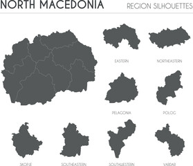 North Macedonia region silhouettes set and blank map of the country isolated on white background. Vector illustration design