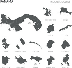 Panama region silhouettes set and blank map of the country isolated on white background. Vector illustration design