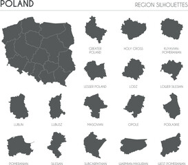 Poland region silhouettes set and blank map of the country isolated on white background. Vector illustration design