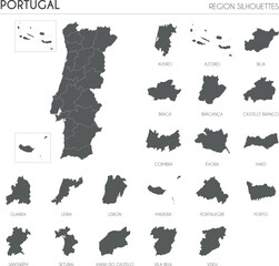 Portugal region silhouettes set and blank map of the country isolated on white background. Vector illustration design