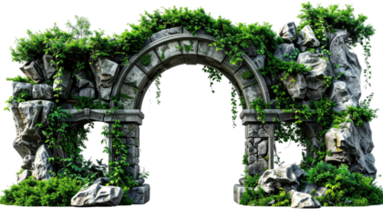 A weathered stone archway, overgrown with lush green foliage, on a transparent background