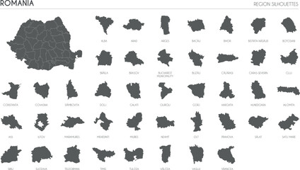Romania region silhouettes set and blank map of the country isolated on white background. Vector illustration design