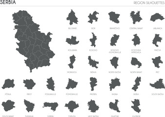 Serbia region silhouettes set and blank map of the country isolated on white background. Vector illustration design