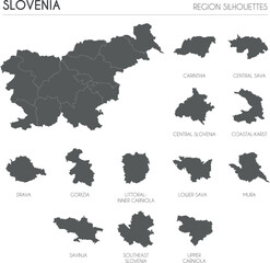 Slovenia region silhouettes set and blank map of the country isolated on white background. Vector illustration design