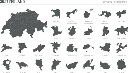 Switzerland region silhouettes set and blank map of the country isolated on white background. Vector illustration design