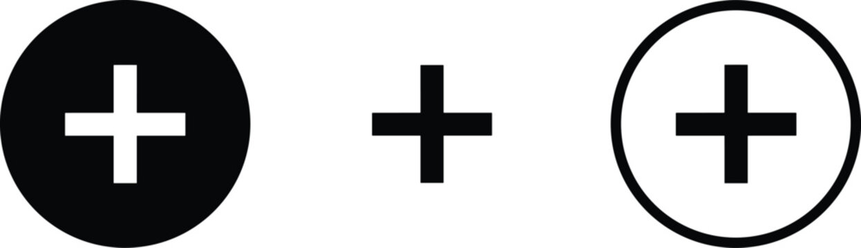Vector set of medical plus cross icons in solid black circle outline and simple flat style for health.