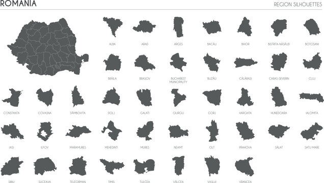 Romania region silhouettes set and blank map of the country isolated on white background. Vector illustration design