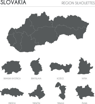 Slovakia region silhouettes set and blank map of the country isolated on white background. Vector illustration design