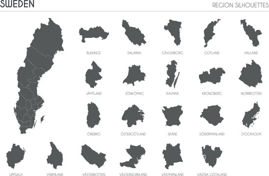 Sweden region silhouettes set and blank map of the country isolated on white background. Vector illustration design