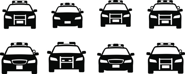 Black silhouette vector set of eight front-view police cars with varied grille, headlight, and rooftop light bar designs, isolated on white © LITON