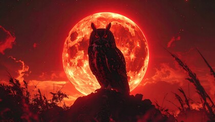 Silhouette of an Owl perched on a rock against a vibrant red moonlit sky.
