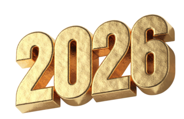 3D Gold 2026 Numbers with Textured Metallic Finish Isolated on White Background
