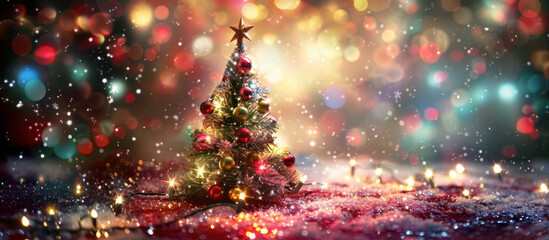 Holiday Sparkle: A festive scene, a Christmas tree glitters with colorful ornaments and lights, snowflakes softly falling, creating a cozy and joyous holiday atmosphere. 