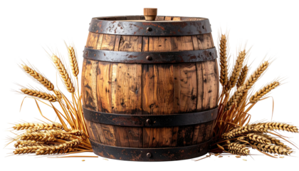 A weathered wooden barrel with dark metal rings, surrounded by golden wheat stalks