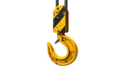 A weathered yellow and black construction crane hook, suspended from steel cables, isolated on black