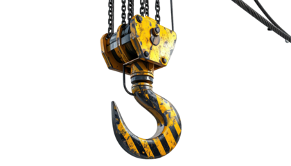 A weathered, yellow and black striped construction crane hook hanging from chains and cable