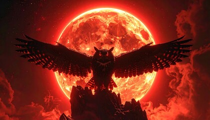 Mysterious Owl Silhouette Against Fiery Blood Moon Sky.