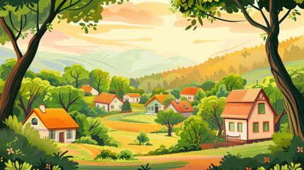 Serene Village in the Valley: A charming rural village nestled in a tranquil valley, bathed in the soft glow of a perfect day, offering a scene of serenity and peaceful living.