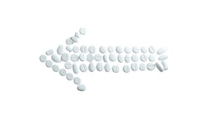 A white arrow made from pills, pointing left on a black background, representing medical direction