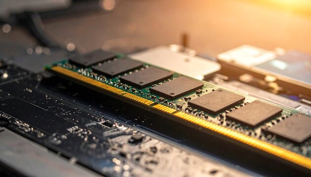 Computer memory module (RAM) lying on a dark, speckled electronic component under warm, blurred light