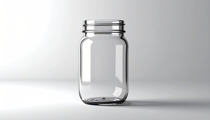 Empty Glass Mason Jar with Screw Threads on a White Background.