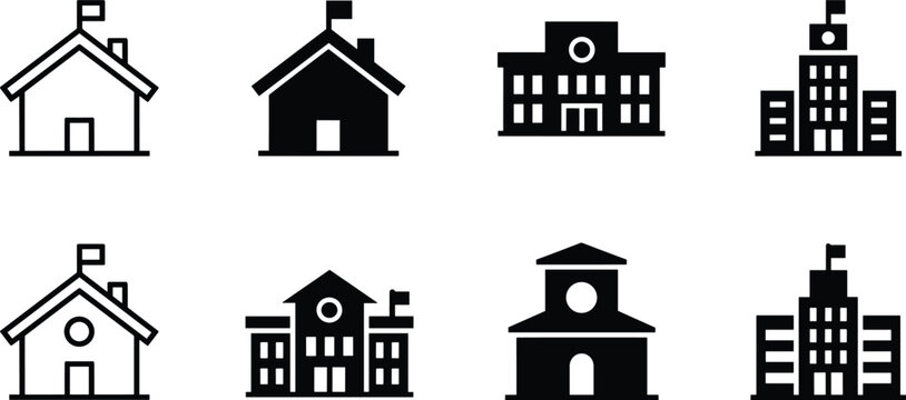 Black silhouette set of school building icons featuring various architectural styles with flags and windows isolated on white. - Powered by Adobe
