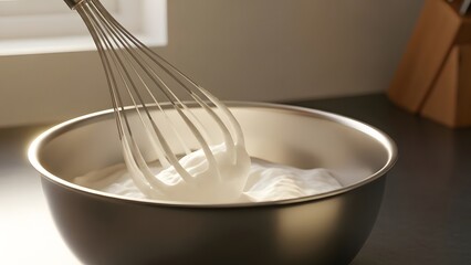 Close up shot of a metal whisk with thin wires dipping into a bowl filled with thick white cream or batter being prepared for baking or cooking in a kitchen setting