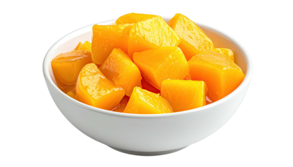 A white bowl filled with glistening chunks of vibrant, orange-yellow diced fruit, isolated