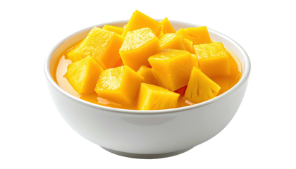 A white bowl filled with glistening, golden-yellow pineapple chunks floating in juice