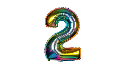 A vibrant, shiny number two balloon. Shiny metallic surface, rainbow gradient, isolated on black